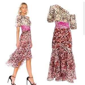 AMUR One-Shoulder Leopard Print Dress with Pink and Brown